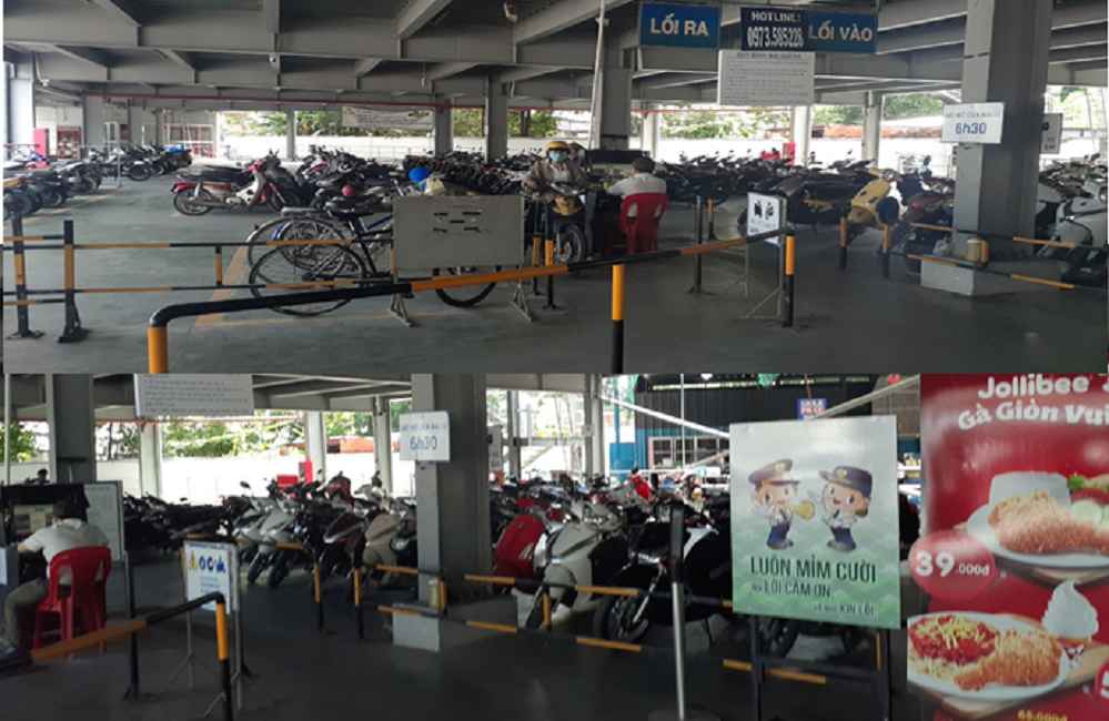 Rào chắn chữ U khu vực tính tiền, lối xe vào của bãi giữ xe
