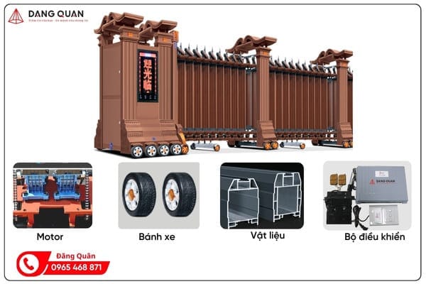 Hình giới thiệu cổng xếp hợp kim nhôm DQ21 màu nâu đồng cùng các bộ phận: motor, bánh xe, mặt cắt thanh nhôm và hộp điều khiển