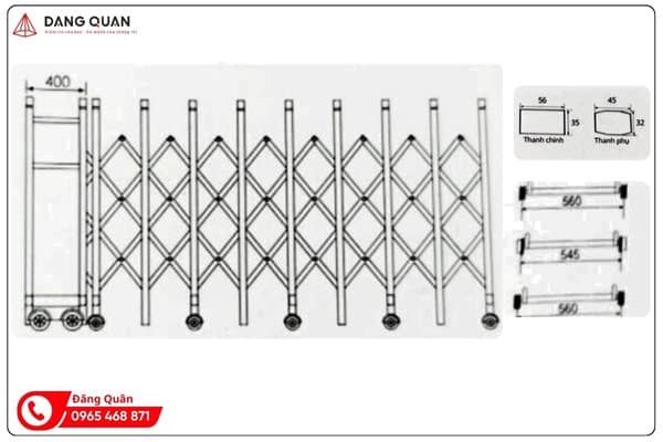 Bản vẽ cổng xếp hợp kim nhôm DQ22: đầu kéo, thân cổng lưới chéo, mặt cắt thanh chính, thanh phụ và các thanh ngang nối