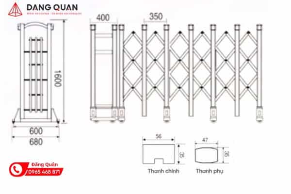 Bản vẽ cổng xếp tự động DQ18 cao 1600 mm: đầu kéo đỉnh vòm, thân cổng nan chéo chữ X