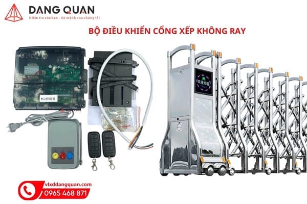 Bộ điều khiển cổng xếp không ray gồm hộp bo mạch, bộ dẫn hướng cảm ứng, nút nhấn để bàn và 2 remote