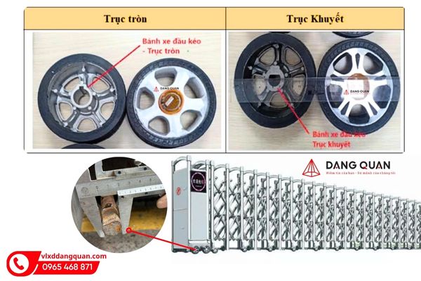 So sánh bánh xe đầu kéo cổng xếp trục tròn và trục khuyết, bên dưới là bánh lắp ở đầu kéo cổng xếp inox