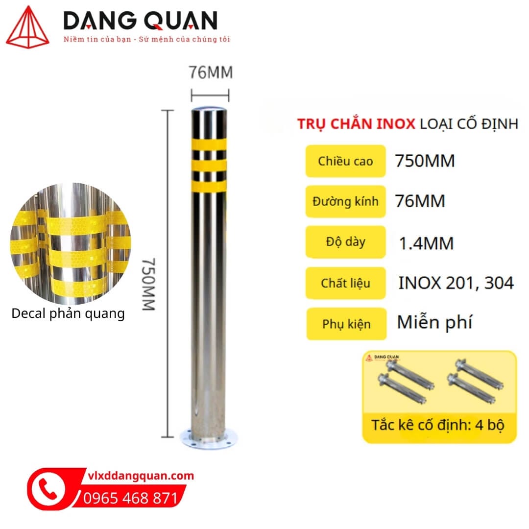 trụ inox phi 76 dán phản quang Đăng Quân