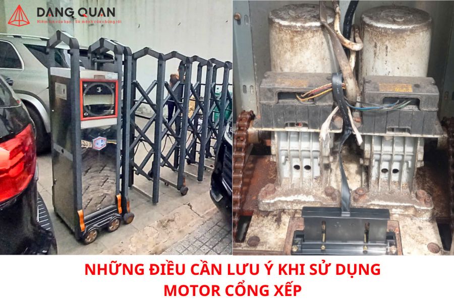 Đầu kéo cổng xếp mở nắp, bên trong là hai motor bám bụi, chữ những điều cần lưu ý khi sử dụng motor cổng xếp