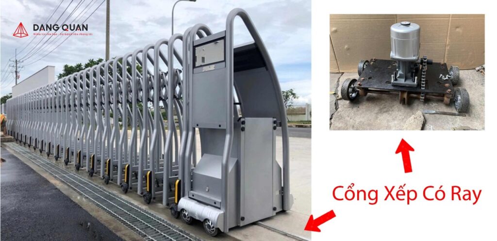 Cổng xếp tự động có ray dẫn hướng, thanh ray thép chạy dọc mặt nền và cụm motor đầu kéo