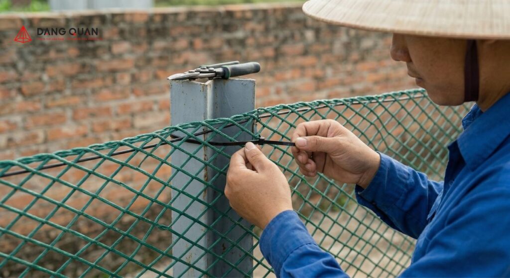 Cố định lưới vào trụ và xử lý các điểm nối