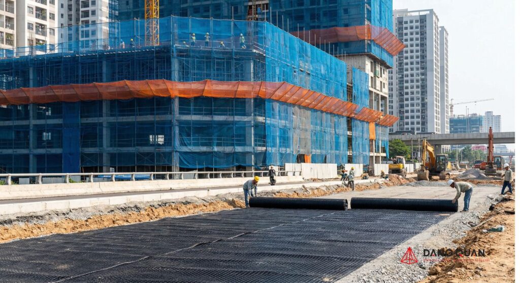 Công trình xây dựng trải lưới địa kỹ thuật màu đen