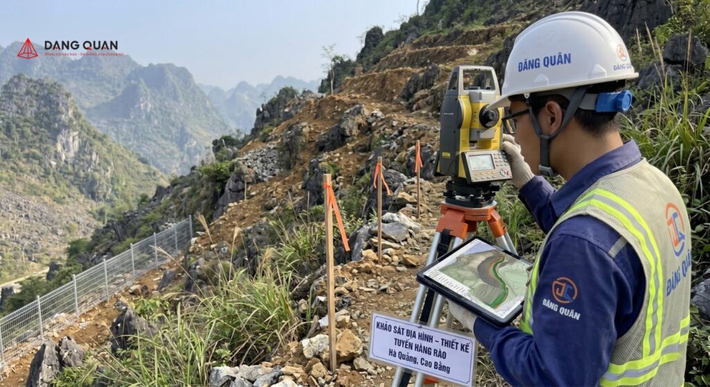 Đăng Quân khảo sát địa hình trước khi thi công hàng rào lưới thép hàn tại Cao Bằng