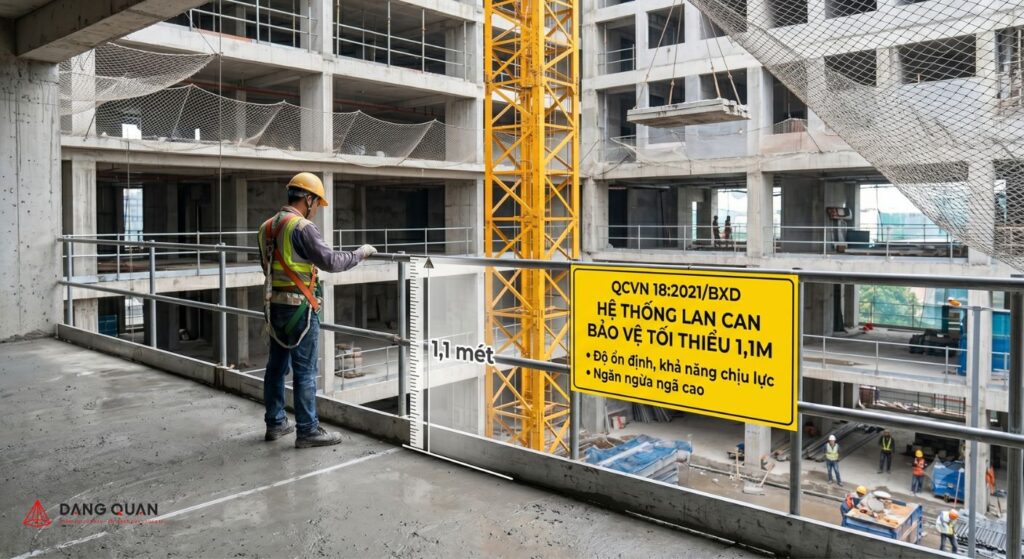 Lan can hoặc hàng rào bảo vệ cần cao tối thiểu 1,1 mét trong thi công xây dựng
