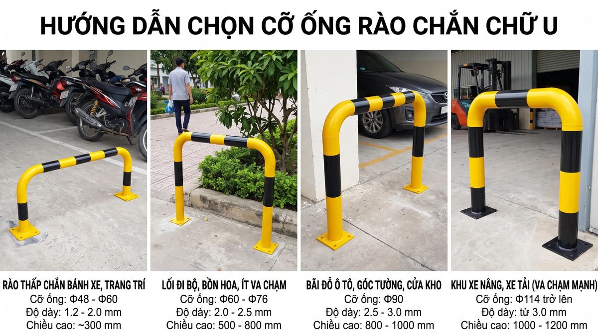 Bảng chọn cỡ ống rào chắn chữ U sơn vàng đen theo 4 khu vực: rào thấp chắn bánh xe máy Φ48 đến Φ60, lối đi bộ cạnh bồn hoa Φ60 đến Φ76, bãi đỗ ô tô Φ90, khu xe nâng Φ114 trở lên