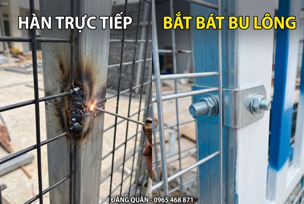 Hai cách liên kết tấm lưới thép hàn với trụ: bên trái thợ đang hàn sợi lưới vào trụ hộp, bên phải bát kẹp mép lưới bắt bu lông vào trụ