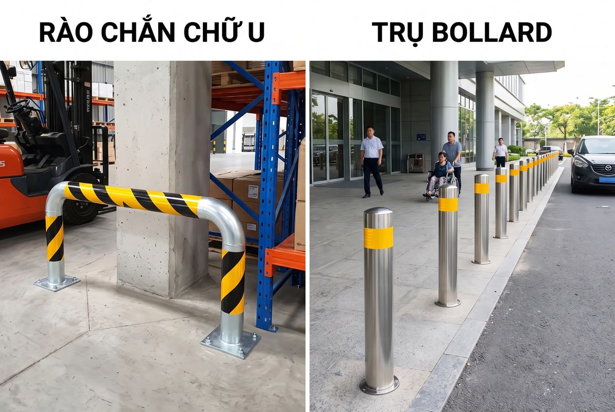 Rào chắn chữ U sơn vàng đen bắt bản mã trước chân cột cạnh kệ hàng và xe nâng trong kho, bên cạnh hàng trụ bollard inox dán phản quang trước sảnh tòa nhà có người đẩy xe lăn đi qua