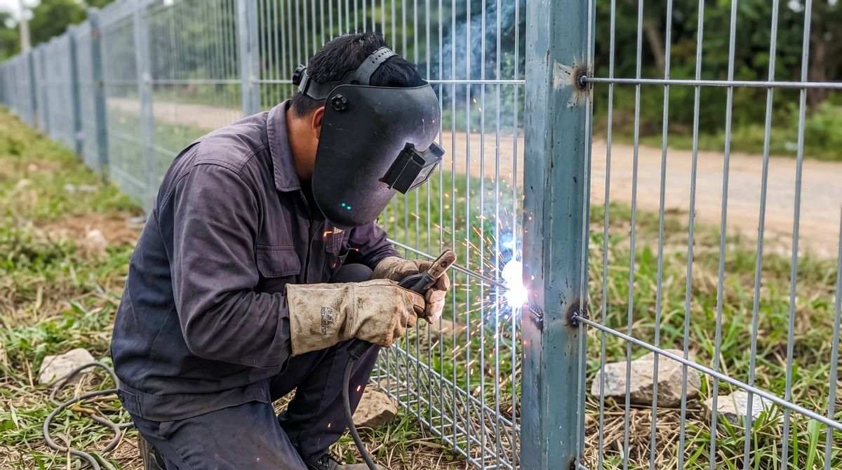 Thợ đeo mặt nạ hàn lại mối hàn giữa sợi lưới thép hàn và trụ thép hộp ngay tại hàng rào
