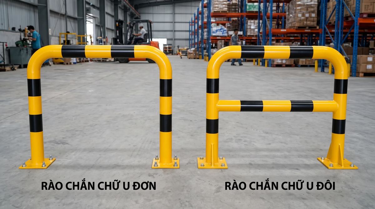 Rào chắn chữ U đơn và rào chắn chữ U đôi sơn vàng đen đặt cạnh nhau trong nhà kho, chân bắt bản mã bu lông
