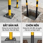 Rào chắn chữ U sơn vàng đen bắt bản mã bằng bu lông nở trên sàn bê tông nhà xưởng, bên cạnh rào chữ U chôn chân trong hố móng đổ bê tông, kèm hình cắt chân rào