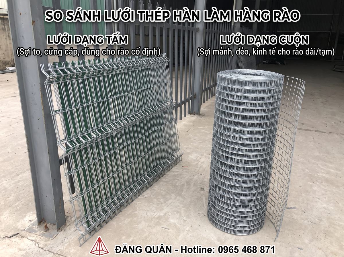 So sánh tấm lưới thép hàn chấn sóng sơn xanh dựng cạnh cột và cuộn lưới thép hàn mạ kẽm sợi mảnh trong kho