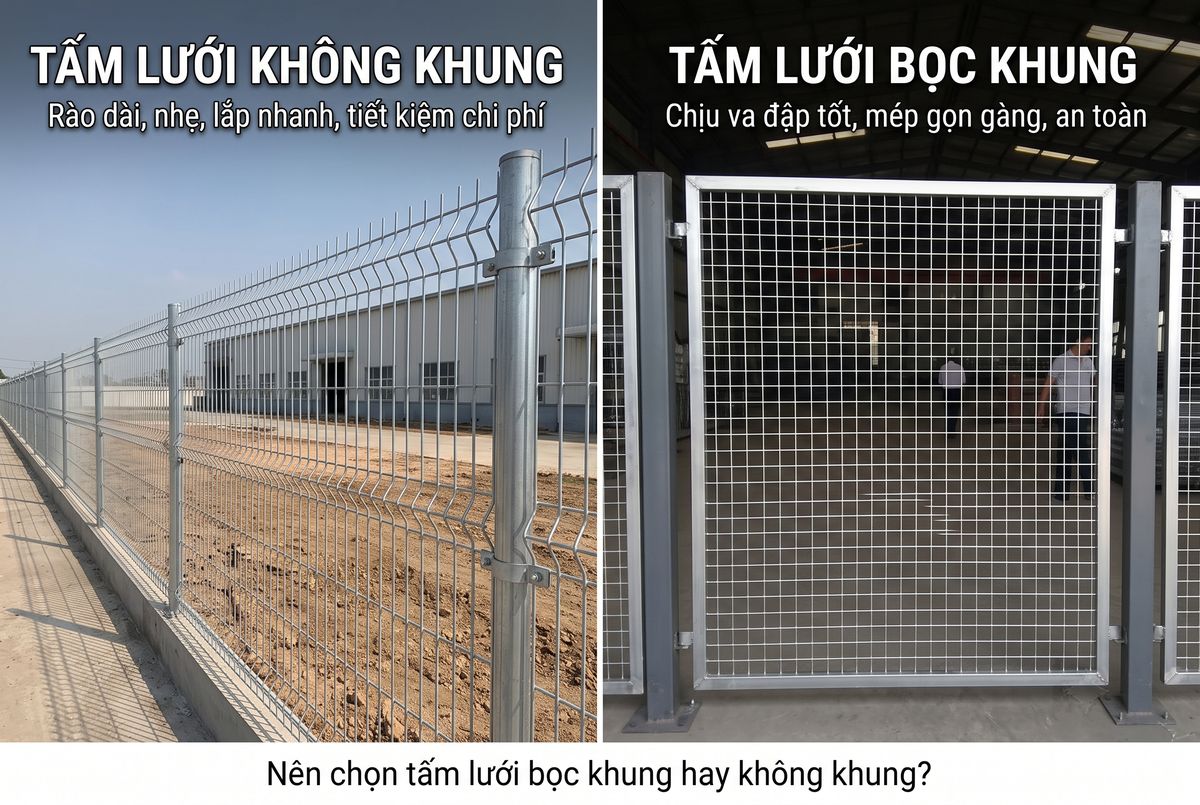 So sánh tấm lưới không khung chấn sóng bắt bát vào trụ tròn quanh nhà xưởng và tấm lưới bọc khung thép hộp làm vách ngăn trong xưởng