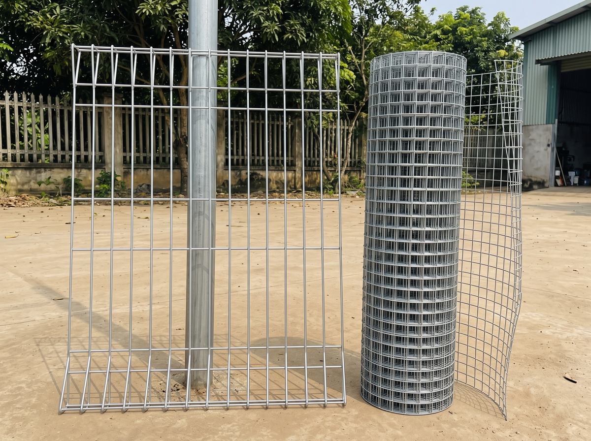 Tấm lưới thép hàn mạ kẽm sợi to dựng cạnh cột thép, bên cạnh cuộn lưới thép hàn sợi mảnh đang mở một đoạn