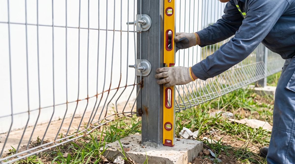 Thợ áp thước thủy lên trụ thép hộp để kiểm tra độ thẳng đứng, bên cạnh là tấm lưới thép hàn bị cong móp và gỉ ở nửa dưới