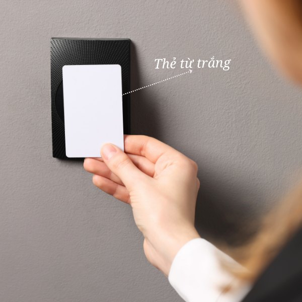 Tay cầm thẻ từ trắng chạm vào đầu đọc thẻ gắn tường