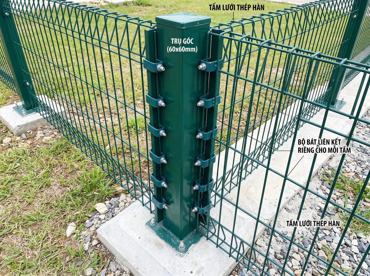 Trụ góc thép hộp 60x60 mm sơn xanh bắt bản mã xuống bệ bê tông, hai tấm lưới thép hàn ở hai mặt trụ, mỗi tấm một hàng bát liên kết riêng